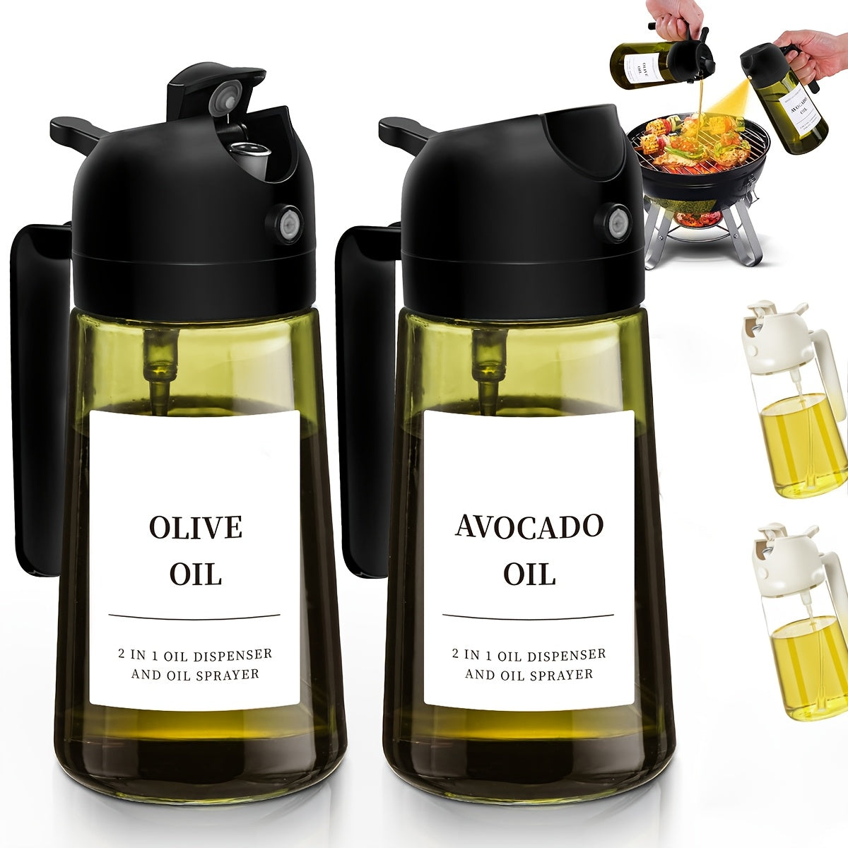 Set of 2 Glass Bottles for Olive Oil, Featuring a Dual Function for Drizzling And Spraying. The Dark Green Glass Helps to Keep The Oil Fresh by Blocking Out Light. Each Bottle Holds 16Oz/480Ml