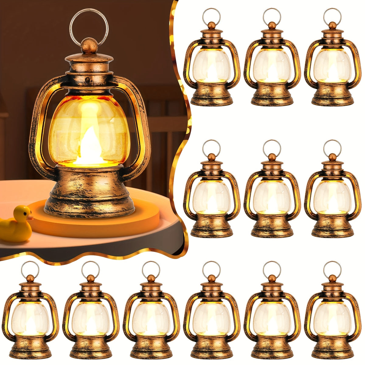 Pack Of 12 Mini Lantern Decorations with LED Candles, Small Chandelier Decorations, Camping Table Decorations, Vintage Lantern Decorations In Bulk for Cowboy Christmas, Valentine's Day Goodies (Vintage Golden, Black, Silvery)