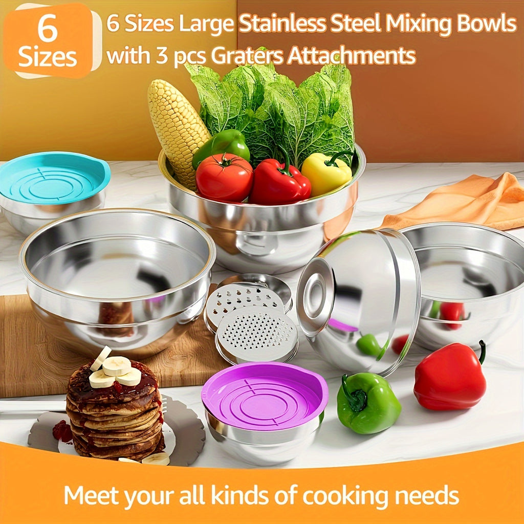 26pcs Stainless Steel Mixing Bowl with Sealed Lid, Including 7 Mixing Bowls+3 Types Of Wire Scraping And Slicing Tools And Kitchen Tools, Suitable for Baking, Salad Making, Mixing, Kitchen Tidying, Christmas Gifts, Father's Gifts, Gifts for Men