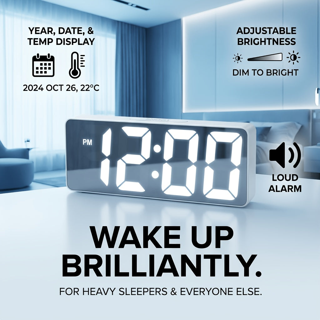 Latest Fashion Digital Clock, LED Alarm Clock for Bedroom, with Mirror, Shows Temperature And Day of The Week, Large Display Electronic Desk Clock, Adjustable Brightness, 12/24 Hours, Small Bedroom Alarm Clock, Christmas Gift Decoration