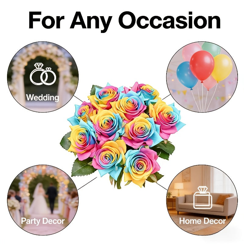 Artificial Rainbow Rose 10 Stems Flowers with Bendable Plastic Stems for Wedding Centerpieces Home Decor Gifts 13. 5 Inch