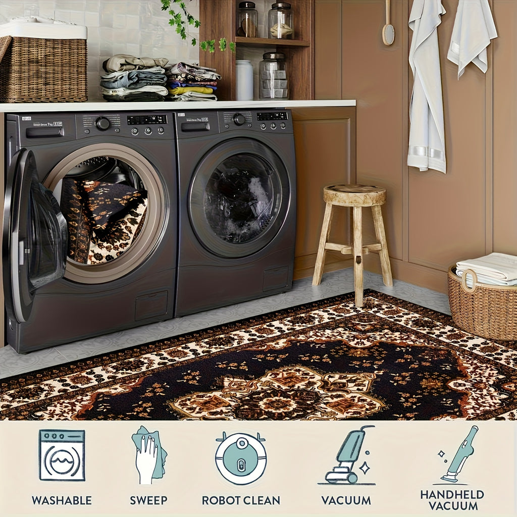 Persian Style Washable Area Rug with Medallion Pattern, Soft Texture and Anti-Slip Backing for Living Room, Bedroom and Bohemian Home Decor