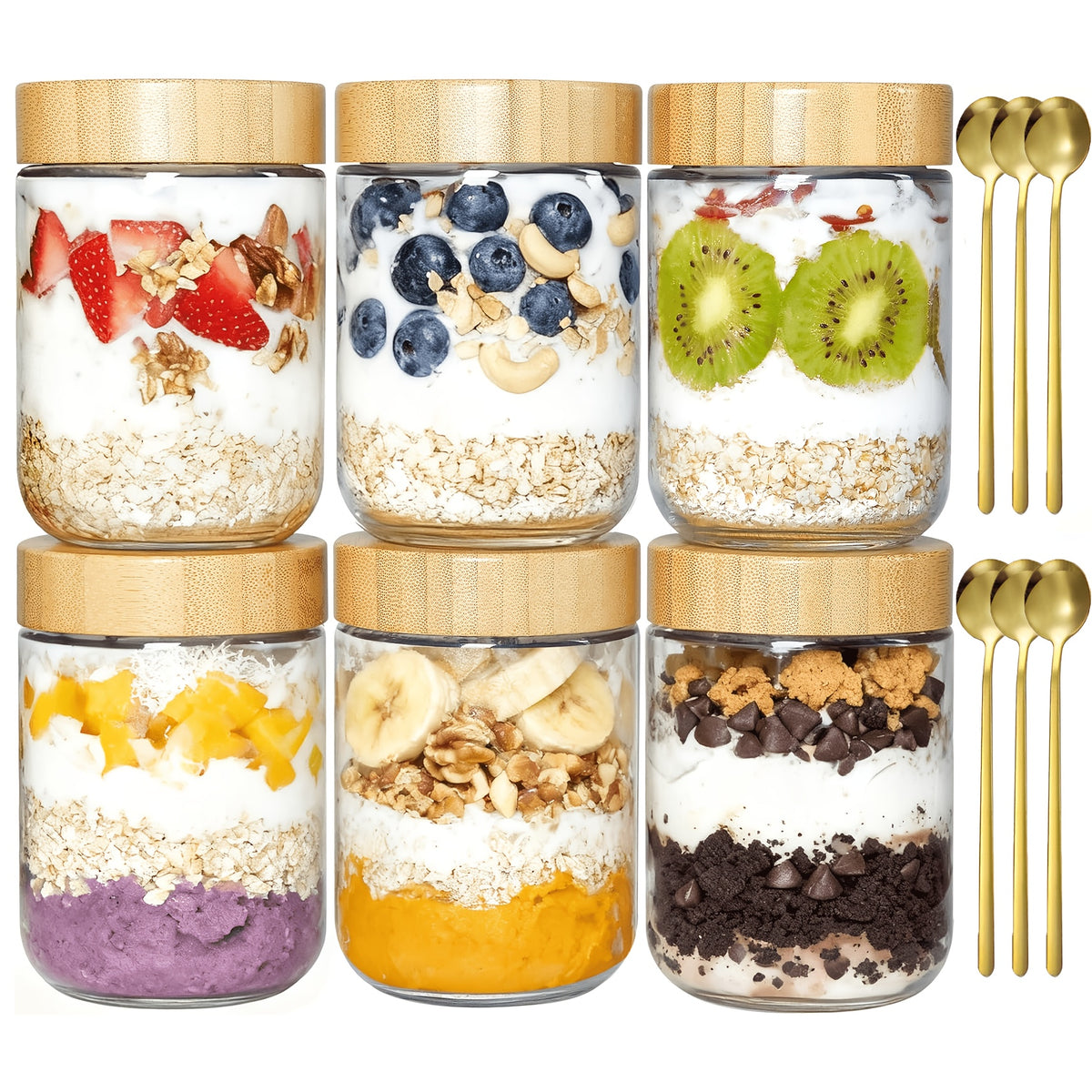 4/6-Pack Overnight Oats Containers with 4/6pcs Spoons And Bamboo Lids, Glass Jars with Airtight Lids for Meal Prep, Wide Mouth Mason Salad Jars, Glass Food Storage Container for Yogurt Chia Snacks Spice Sugar