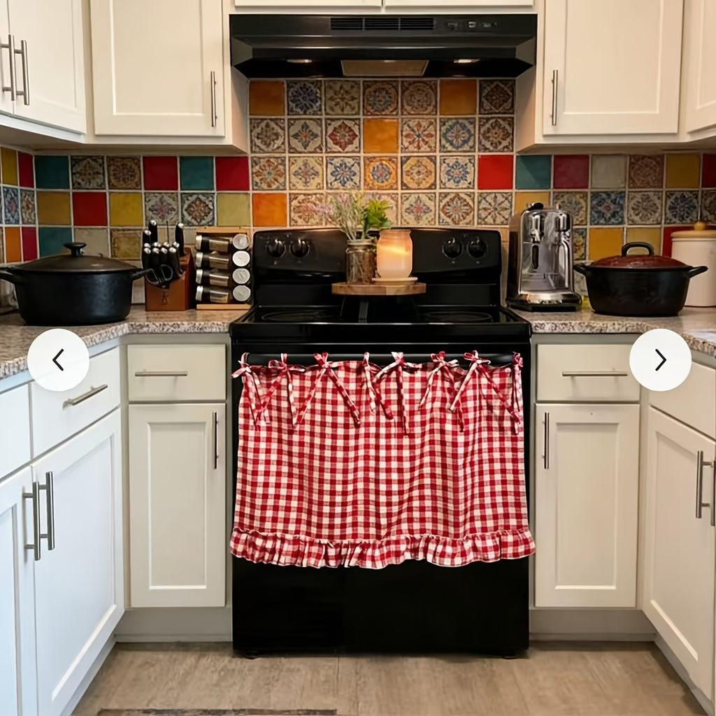 Farmhouse Oven Skirt Curtain with Ruffled Edge and Tie Straps, Handmade Rustic Cottagecore Kitchen Appliance Decor for Fall and Autumn Styling