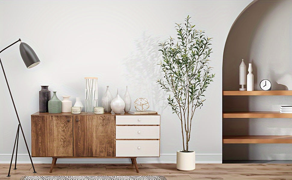 Faux Olive Tree Featuring a Spacious White Pot - Multi-Trunk Tall Olive Plant with 5/7/9 Lifelike Branches, 450/630/810 Leaves, And 20/28/36 Fruits - Ideal for Indoor And Outdoor Decoration, Living Room, Home, Office, And Holiday Events
