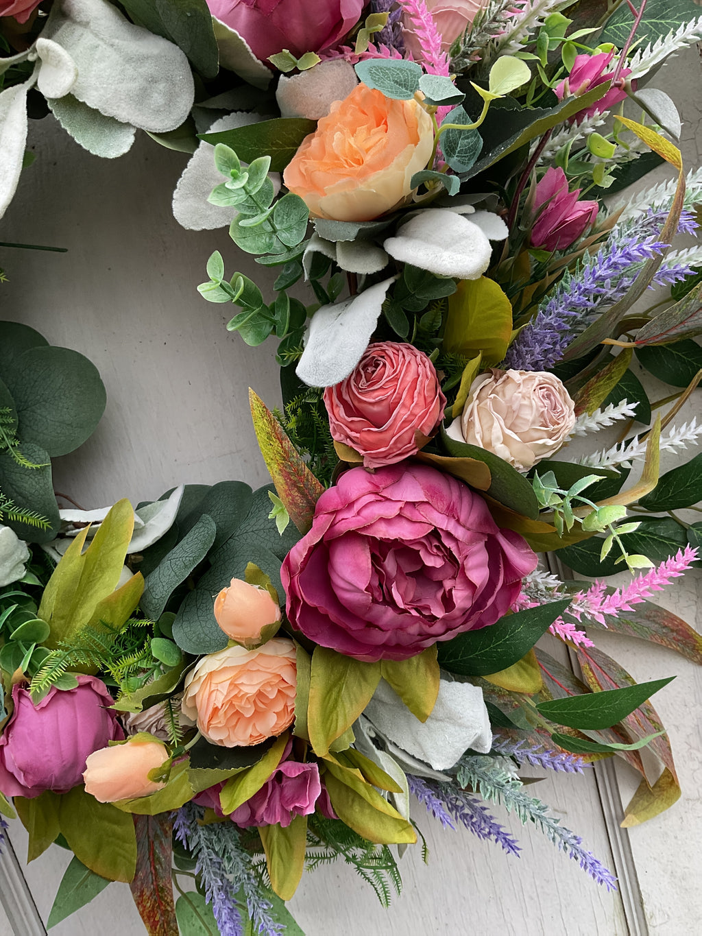 Elegant Peony & Roses Wreath with Pink, Purple, Peach, & Green Foliage - Durable Plastic Farmhouse Door Decoration for Spring Summer Home Decor, Contemporary Floral Wreath with Lush Foliage & Pastel Hues, Easy to Install with Adhesive/Screws, All-Season I