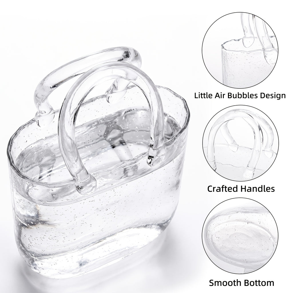TOMNK Flower Vase in The Shape of a Purse, Designed for Flowers And As a Fish Bowl with Bubbles. This Charming And Distinctive Handbag Vase Is Transparent, Suitable for Fish Tanks And Hydroponic Planting. It Serves As Home Decoration