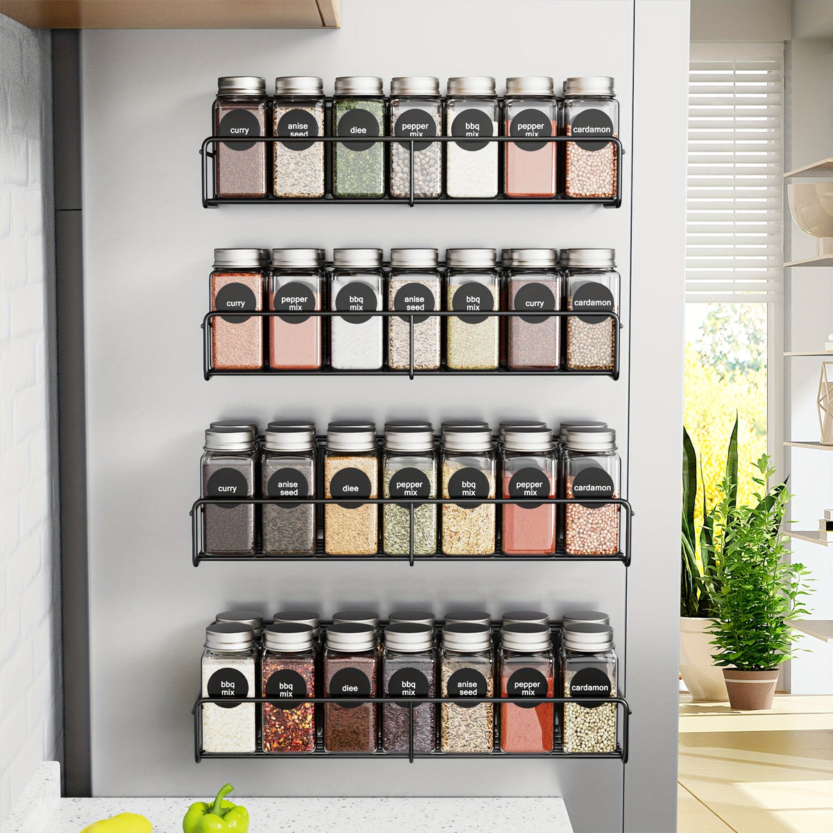 Magnetic Spice Shelf Set of 4, Black No-Drill Refrigerator Storage Racks with Repositionable Placement for Kitchen Seasonings, Coffee Bar and Laundry