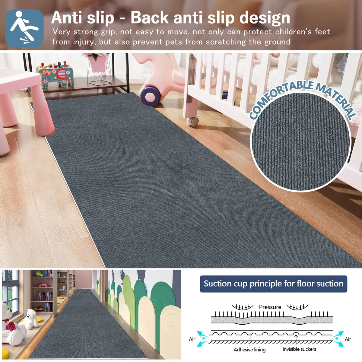 Durable Non-Slip Striped Runner Rug for Indoor/Outdoor Use - for Hallway, Kitchen, Living Room, Garage, Patio, Thickness 0.18 Inch(4.5mm), Adsorption, Non-slip, High Quality, Soundproof, Noise Protection, Floor Decorative, Washable Area Mat