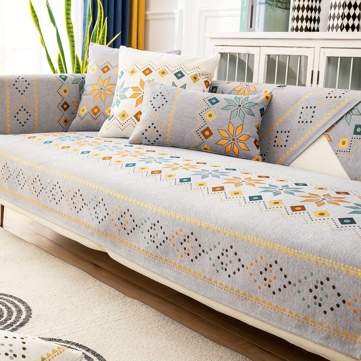 1pc Bohemian Chenille Sofa Cover Suitable for Sofa Sizes (Single to Four-Seater) - Thick Plush Non-Slip Couch Cover with Geometric Embroidery, Chenier Fabric Slipcover Fits for Sectional Sofas, Machine Washable Furniture