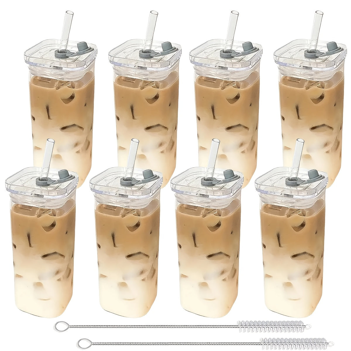 4/6/8pcs Square Glass Cups with Lids, 13oz, Perfect Coffee Cups, Include Straws, Gift for Cup Collectors, Great for Office, Home, School, And Outdoor Use, Weddings, BPA-Free, Comes with Cleaning Brush Tool
