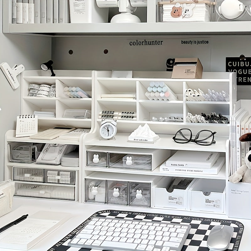 1pc Modern 2-Tier Desk Organizer with Drawer Storage & Tilt Pen Holder - Raised Bookshelf Suitable for Stationery, Cosmetics, Office Supplies, Space-Saving Partition Shelf, Lightweight PVC Storage Box for Office, Dormitory, Partition Box, Desk &