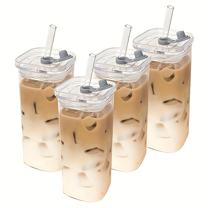 4/6/8pcs Square Glass Cups with Lids, 13oz, Perfect Coffee Cups, Include Straws, Gift for Cup Collectors, Great for Office, Home, School, And Outdoor Use, Weddings, BPA-Free, Comes with Cleaning Brush Tool