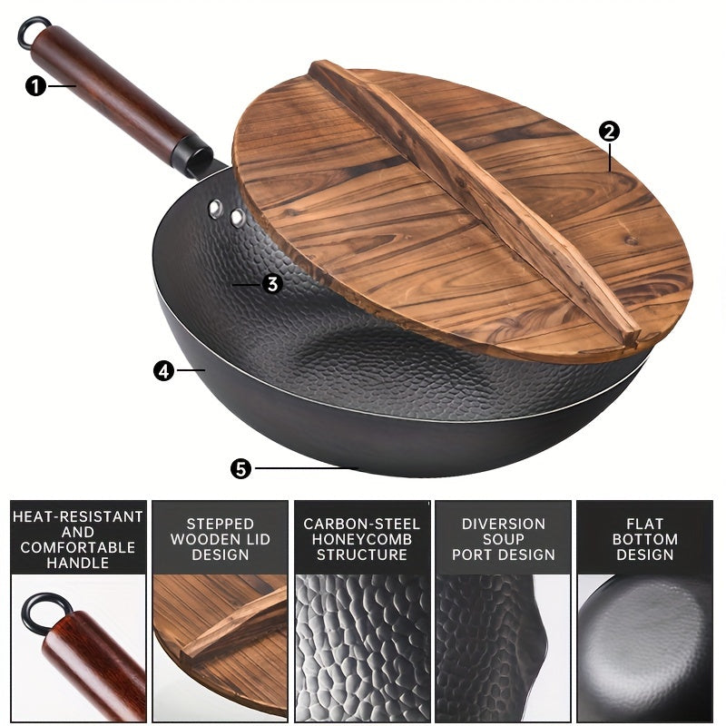 12.6" Iron Wok-11pcs Woks & Stir Fry Pans Wok Pan with Lid, No Chemical Coated Chinese Wok with 10 Cookware Accessories, Flat Bottom Wok for Electric, Induction, Gas Stoves