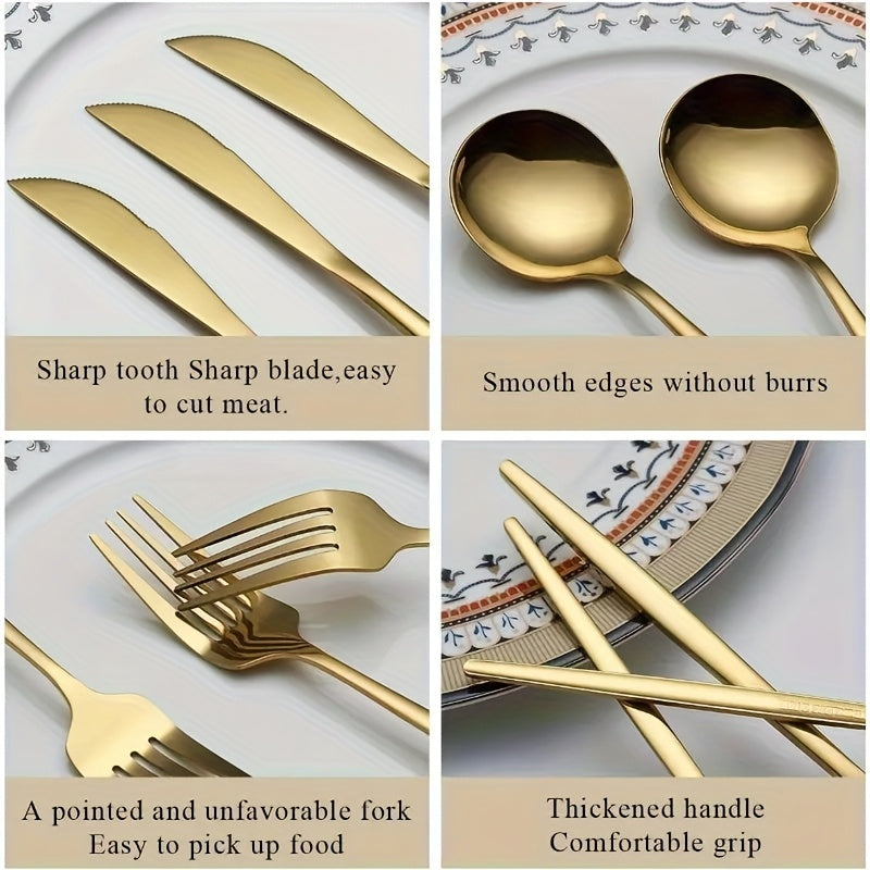 30/60pcs Stainless Steel Cutlery Set, Including Steak Knife, Fork, Spoon And Teaspoon, Dinner Fork, Dinner Spoon, Fruit Fork, Dessert Spoon, Coffee Spoon, Mirror Polished, Suitable for Family Restaurants, Hotels, Parties, Weddings, Copper Cutlery Se