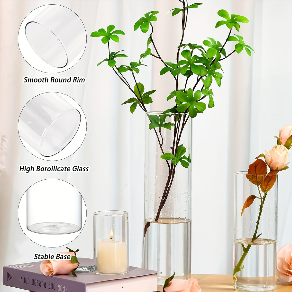 9/15/18/36/45pcs Set of Transparent Glass Cylinder/Square Vases, 4", 8", 12" Height, Assorted Sizes Glass Vases, Tall Glass Vases, Wedding Table Centerpieces, Party Table Centerpieces, Hurricane Floating Candle Holder Vases, Desktop Shelves