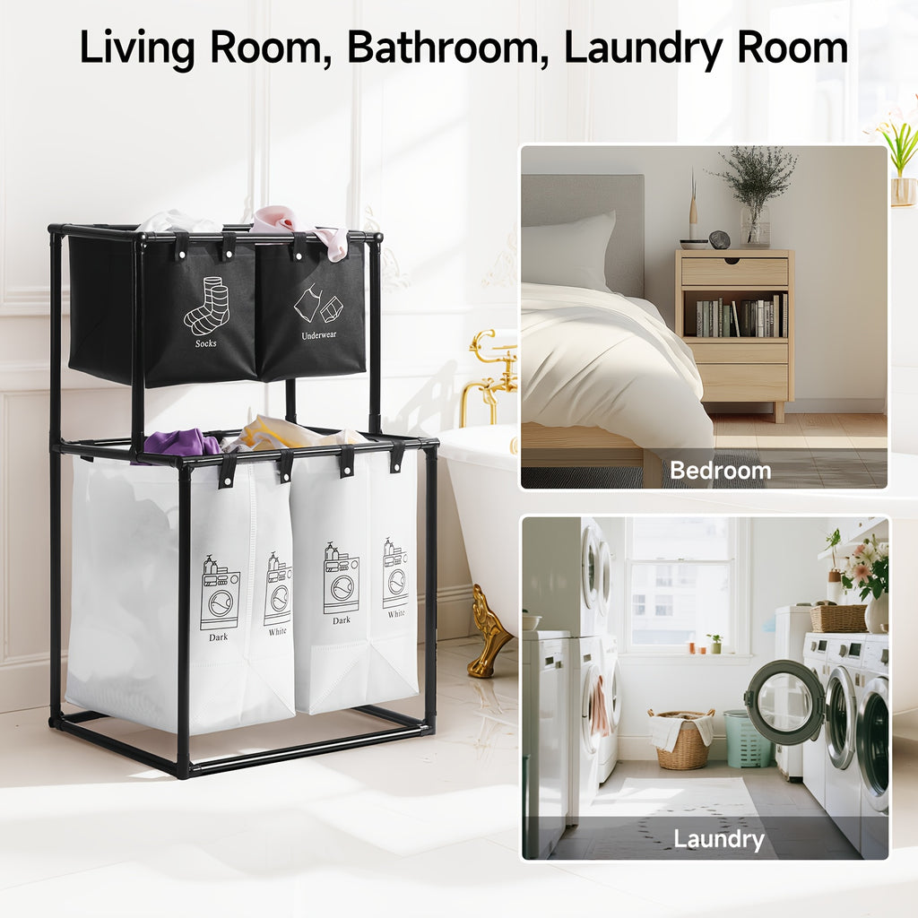 2 Compartment Laundry Hamper (No Wheels) - 2 Tier Laundry Sorter With Handles - Sturdy Metal Frame & Breathable Mesh Bags - Space Saving Clothes Organizer For Home, Apartment, Add 10 Cable Ties For Securing, Dirty Laundry Basket, Laundry Baskets