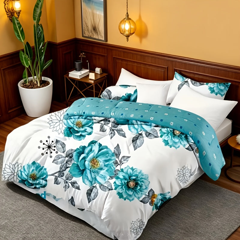 2/3pcs Teal Floral Bedding Comforter Set | Gradient Tones Oil Painting Style, Elegant Botanical Floral, Twin/Queen/King, Upgraded Luxury Quilt Set for All-Season, Bed in A Bag, Home Decor, Soft, Lightweight, Breathable, Microfiber, Ideal Family Gift