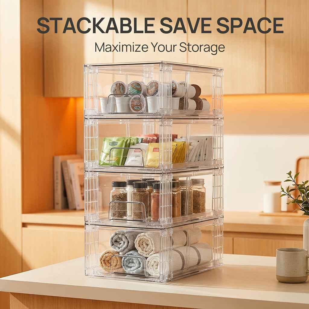 4/6/8/10 Pack Clear Acrylic Food Storage Drawers With Handles | Stackable Refrigerator & Pantry Organizer Bins For Snacks, Fruits, Vegetables | Fridge, Kitchen Cabinet, Undersink, Bathroom Organization