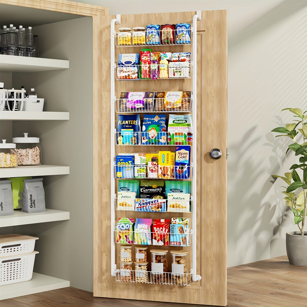 Metal Over Door Pantry Rack, 6 or 8 Tier Hanging Storage Organizer in Black or White for Spices, Packaged Foods, Bathroom Essentials and Laundry Supplies