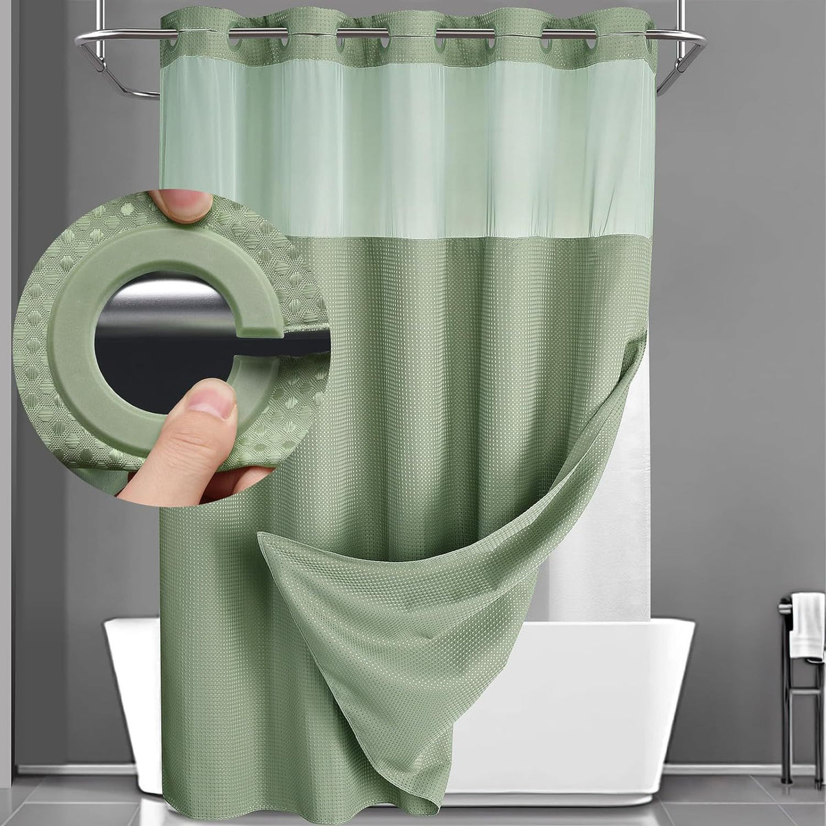 Hookless Shower Curtain with Snap Liner - Suitable for Home & Hotel Bath Curtain, Multicolor Waffle Window, Double Layer Panels, Hand Washable Curtain with Liner Set, No Hooks Required for Bathroom Decor Gift