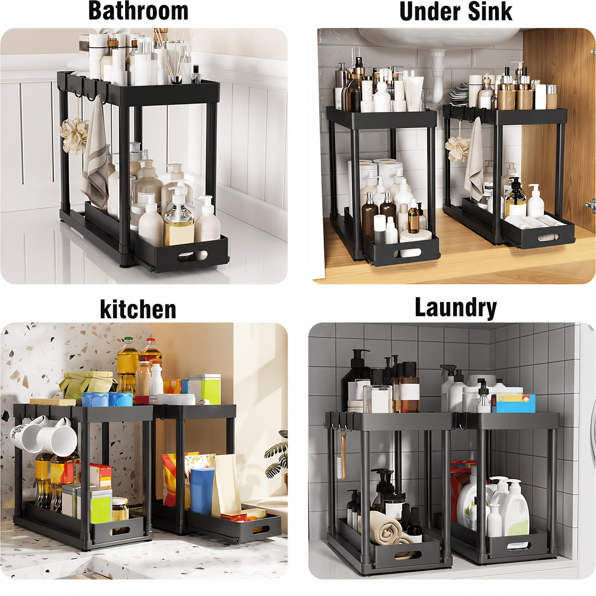 Under Sink Organizer 2 Pack with 8 Hooks, Two-Tier Cabinet Storage Racks for Kitchen and Bathroom, Pull-Out or Fixed Basket Options