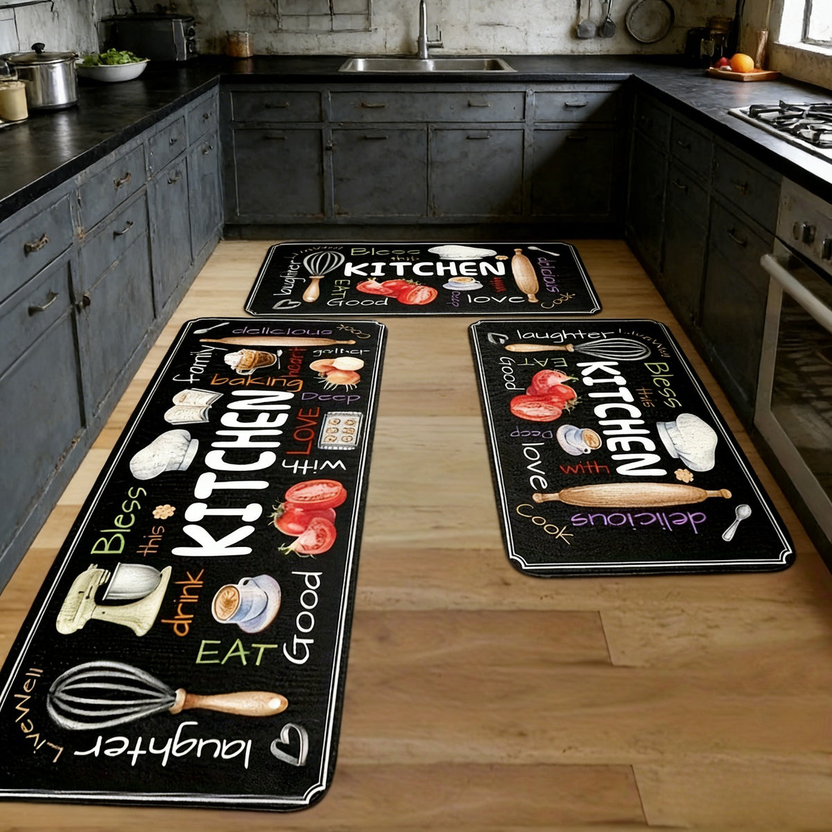 3pcs Set Of Kitchen Floor Mats, Designed with Colorful Fonts And Tableware, Soft And Comfortable, Easy to Clean, Suitable for Kitchen, Bathroom, Living Room, Home Essentials, Gifts for Family And Friend, Kitchen Accessories, Halloween Decorations