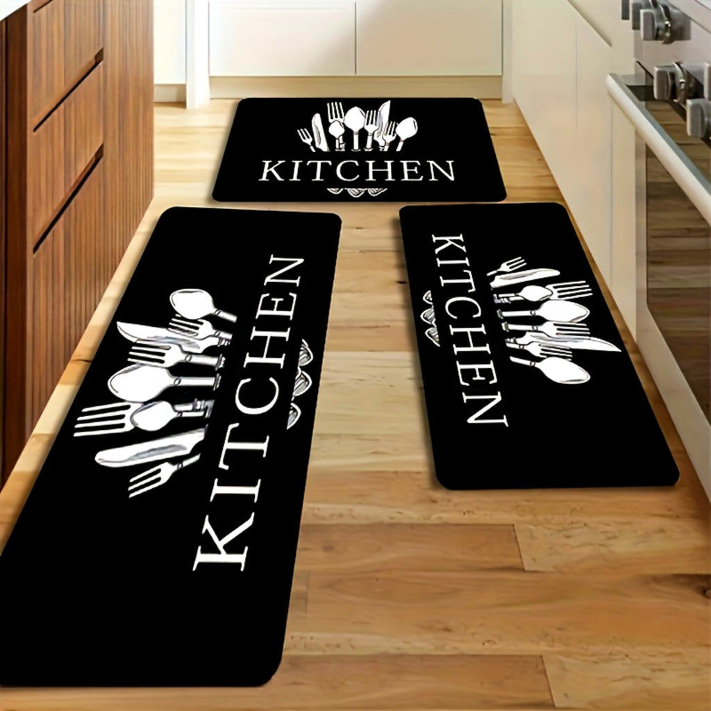 3pcs Kitchen Alphabet Theme Mat Set, Knife And Fork Pattern, Musthave for Home, Non Slip, Soft, Easy to Clean, Suitable for Bedrooms, Living And Dining Room, Kitchen, Bathroom, Gift for Friend And Family, Kitchen Accessories, Halloween Decorations