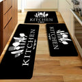 Kitchen Rug Set with Black and White Utensil Print, 3-Piece Decorative Floor Mats and Runner with KITCHEN Lettering for Sink and Cooking Area Decor