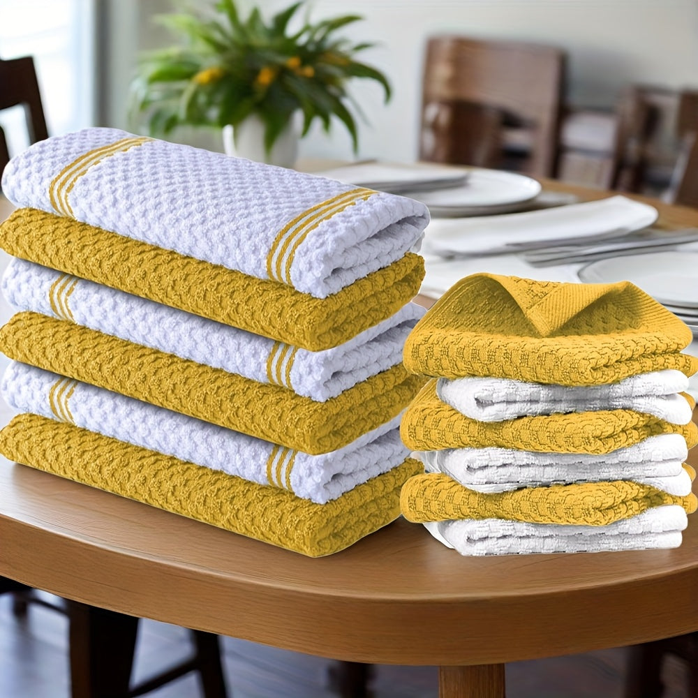 12pcs 100% Cotton Kitchen Towel Set | 6 Hand Towels (15" X 25"), 6 Wash Towels (12" X 12") - Striped Weave, Absorbent & Durable Dish Towels For Cooking, Cleaning & Drying - Perfect For Christmas & Holiday Kitchens