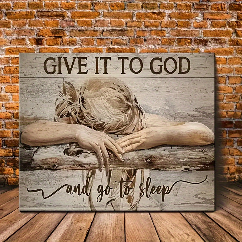 1pc Framed Painting Sleeping Girl Give It To God And Go To Sleep Canvas Posters And Prints Wall Art Pictures With Frame For Living Room & Bedroom, Home Decoration, Festival Gift For Her/Him, Ready To Hang  for Halloween&Christmas