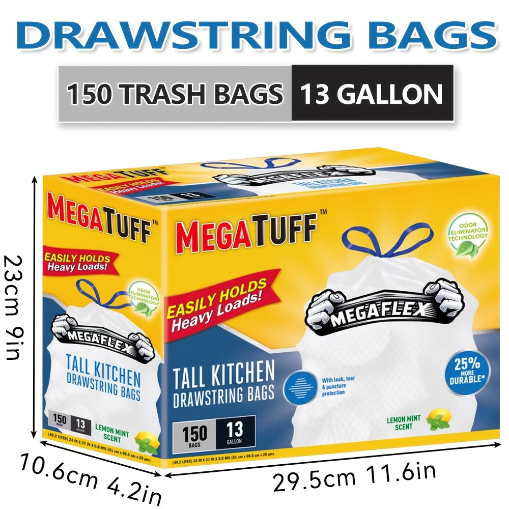 150 Bags Boxed Disposable Non Tear Garbage Bag Puncture Tear Resistant Trash Bags, 50 Bags/Roll 13 Gallon Capacity, ODOR ELIMINATORTECHNOLOGY Kitchen Drawstring Garbage Bags Fresh Clean Scent with Lemon Mint Scent, EASY to USEDRAWSTRINGS MORE DURABLE