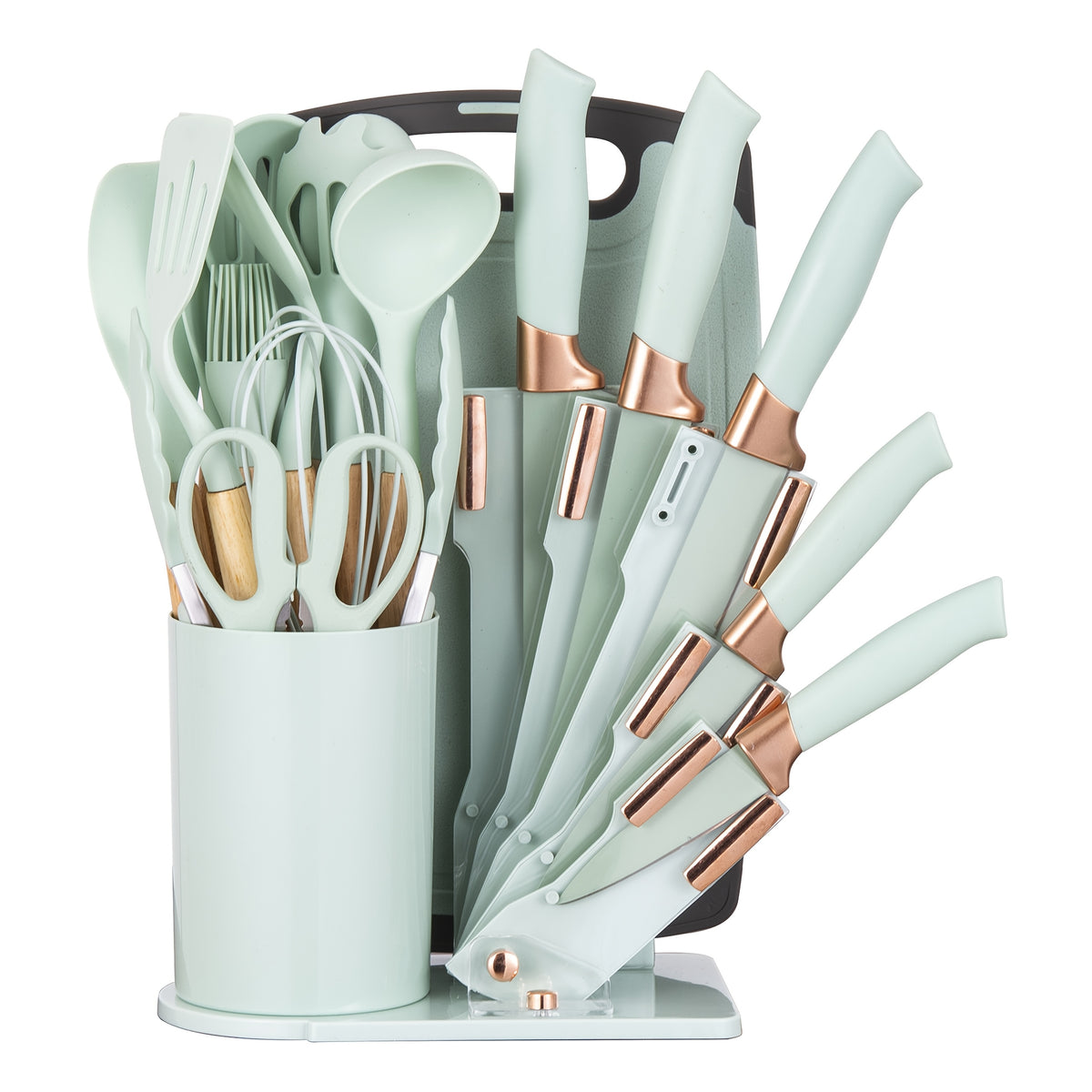 19pcs Kitchen Knife And Utensil Set, Non-Stick Black Knife Set with Wooden Handles, Silicone Cooking Tools, Cutting Board, Scissors And Holder, Best Gift for Parents