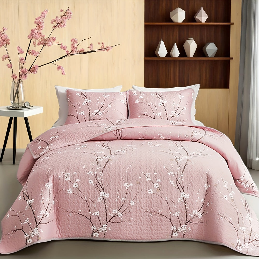2/3pcs Multicolour Tree Branch Plum Blossom Quilted Quilt, 1pc Quilted Quilt+ 1/2pcs Pillowcases, Soft Breathable Comfortable Portability Hypoallergenic Machine Washable Bed Cover Bedding Room Decor, SingleBed/ Queen/ King Size