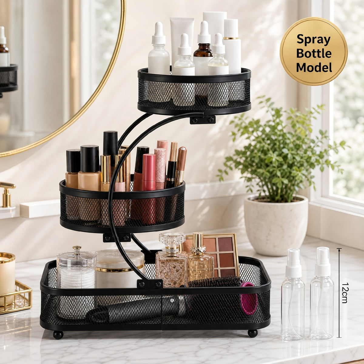 3-tier Metal Bathroom Storage Rack, Includes A Spray Bottle | Hooks - Space-saving Countertop Organizer For Cosmetics, Skincare, And Toiletries | Rust-resistant Diamond Mesh Design | Sturdy And Durable, Suitable For Vanities, Bathrooms, Wardrobes