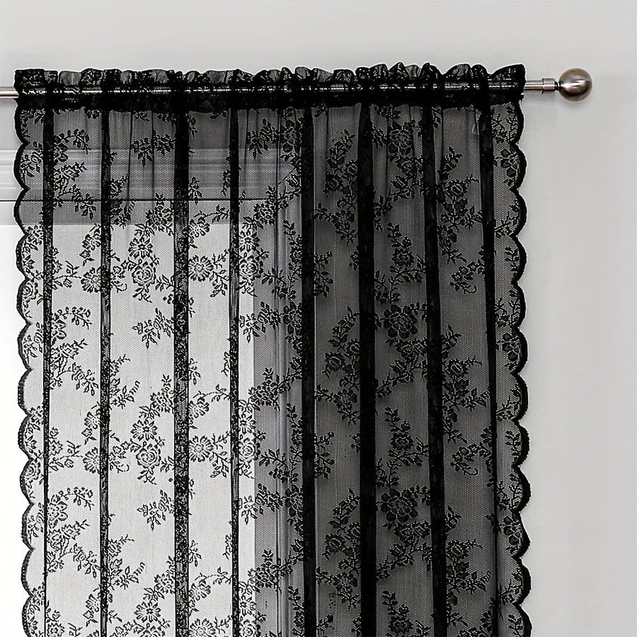 1pc White Lace Door Curtain with Wave Edge, Semi-Sheer Polyester Rod Pocket Curtain for Home And Outdoor Use, Vintage Style with Floral Pattern, Semi-Sheer Curtains | Vintage Curtain Design | Embroidered Detailing
