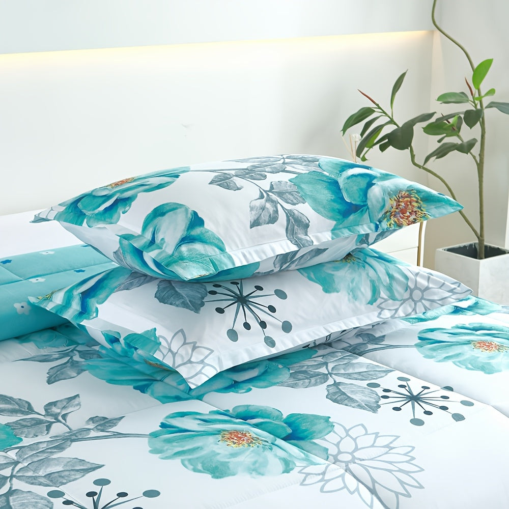 2/3pcs Teal Floral Bedding Comforter Set | Gradient Tones Oil Painting Style, Elegant Botanical Floral, Twin/Queen/King, Upgraded Luxury Quilt Set for All-Season, Bed in A Bag, Home Decor, Soft, Lightweight, Breathable, Microfiber, Ideal Family Gift