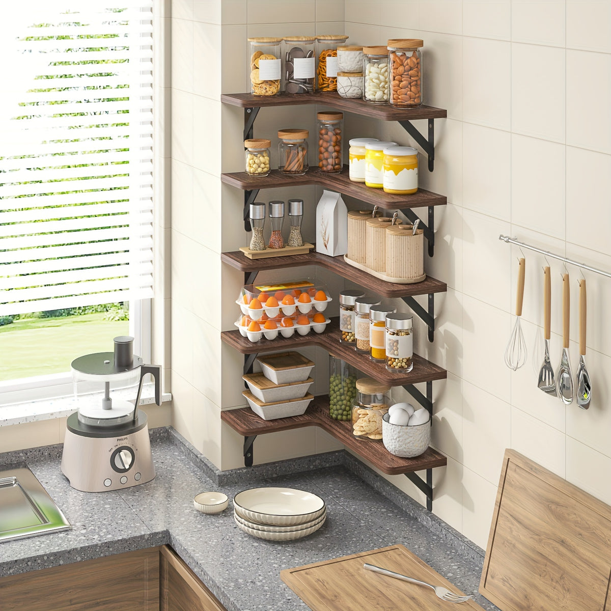 Rustic Wood Corner Floating Shelves, 5-Piece Color Options or 6-Piece Black Wall Storage Set for Bathroom, Kitchen, Bedroom and Living Room Displays