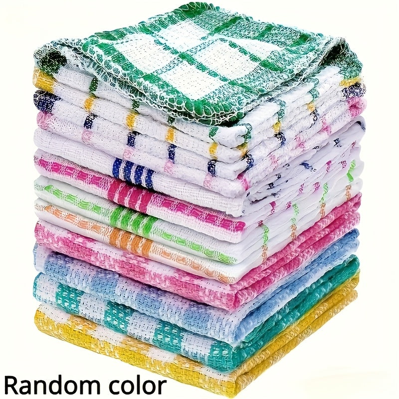 Kitchen Dish Cloths That Are Absorbent, Quick-Drying, And Resistant to Oil, Featuring a Soft And Durable Design with a Grid Pattern And Colorful Borders. Measuring 35Cm/13In Square, They Are Ideal for Home Use, Travel, Camping
