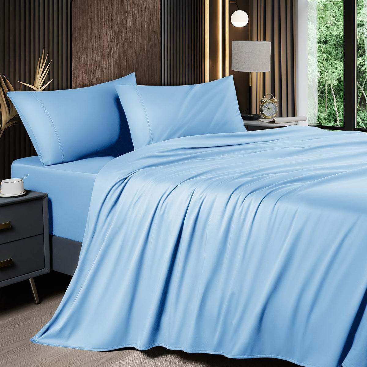4pcs 2200TC Cooling Bamboo Bed Sheet Set Summer Chill Collection-16" Deep Pocket - Ultra Soft Luxury Bedding W/ Flat Sheet, Fitted Sheet & Pillowcases (Beat The Hea Stay Cool All Night) Queen Size Sheet Set Breathable Sheets Sets Queen Size Gifts