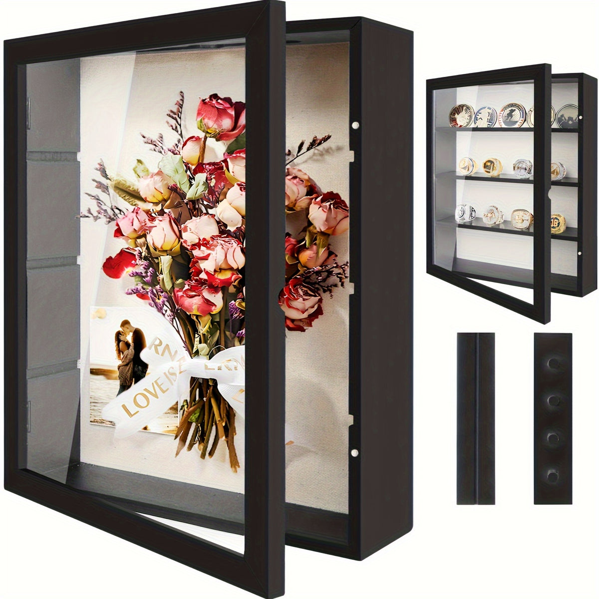 11x14 Large Country Memory Display Box Flowers, Pictures, Championship Rings, MEDALS, Coins, Pin Collection And More, Including 4 Removable Shelving Shadow Box Frames