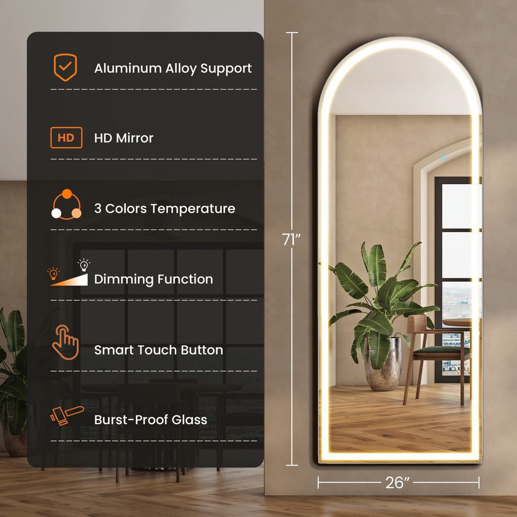 MCQ Arched/Rectangular LED Full Length Mirror, Full Body Floor Mirror Standing Hanging or Leaning Wall, Arch Wall Mirror with Stand Aluminum Alloy Thin Frame for Bedroom, Bathroom, Store