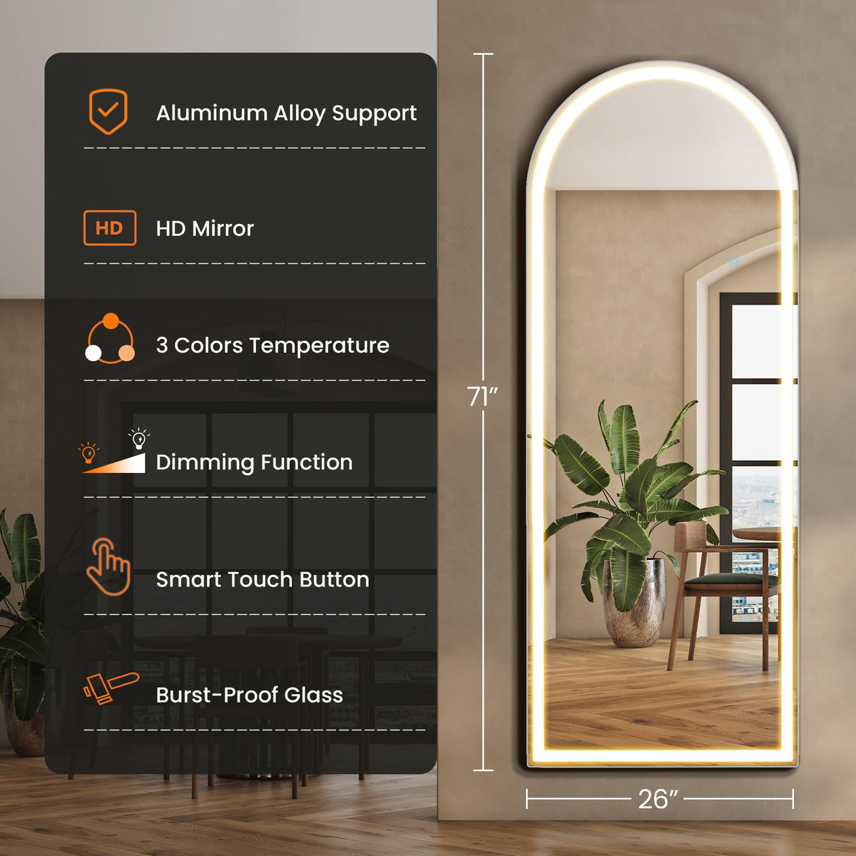 MCQ Arched/Rectangular LED Full Length Mirror, Full Body Floor Mirror Standing Hanging or Leaning Wall, Arch Wall Mirror with Stand Aluminum Alloy Thin Frame for Bedroom, Bathroom, Store
