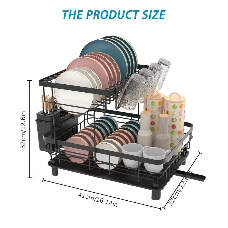 Dish Drying Rack, 2 Tier Dish Racks for Kitchen Counter, Large Stainless Steel Kitchen Dish Drying Rack, Detachable Large Capacity Dish Drainer Organizer with Utensil Holder, Drain Board