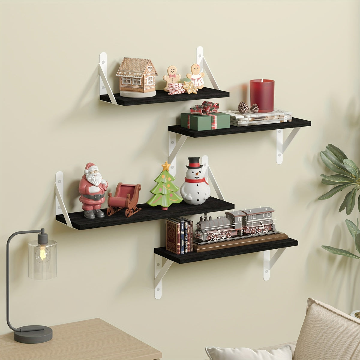 Floating Display Shelves, 4-Piece Wall Mounted Storage Set in Wood Color, Walnut Color or Black and White for Bedroom, Bathroom and Living Room Decor