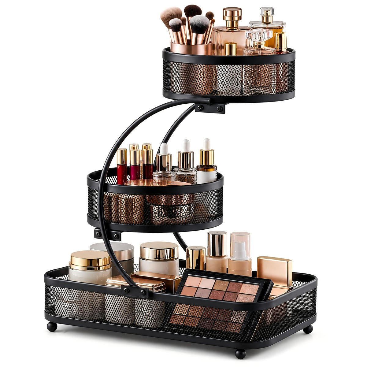 3-tier Metal Bathroom Storage Rack, Includes A Spray Bottle | Hooks - Space-saving Countertop Organizer For Cosmetics, Skincare, And Toiletries | Rust-resistant Diamond Mesh Design | Sturdy And Durable, Suitable For Vanities, Bathrooms, Wardrobes