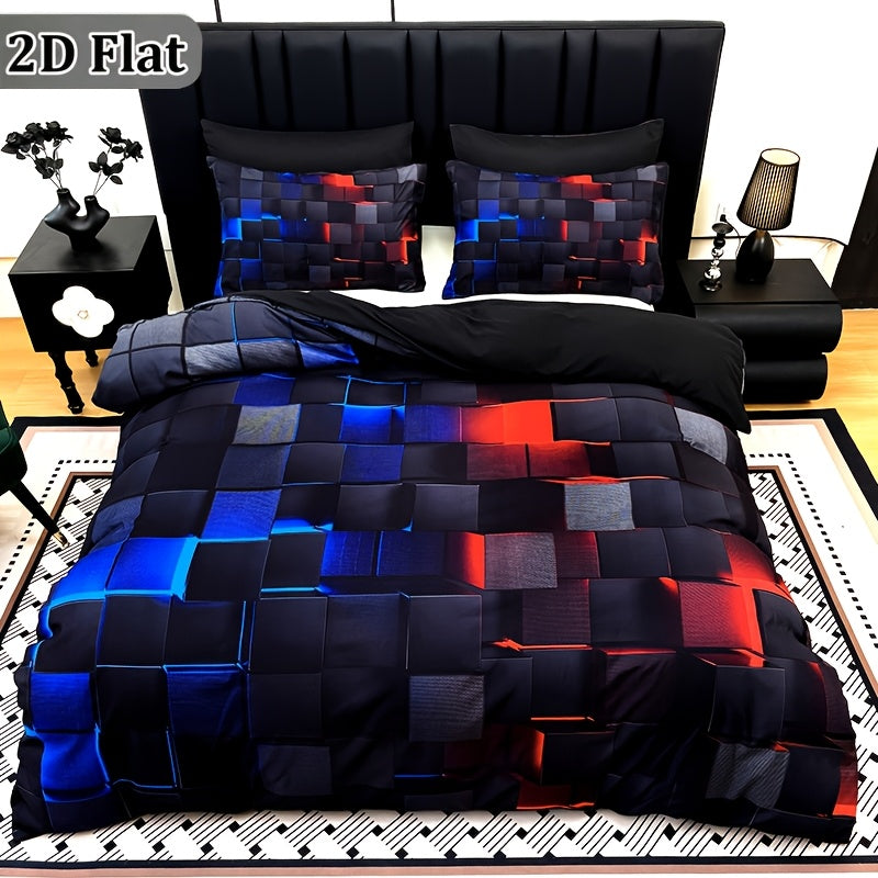 2D Flat 3pcs Cool Technology Digital Printing Material Quilt Cover Set Four Seasons Product, Red And Blue, Four Sizes (Twin, Full, Queen, King) (1pc Quilt Cover And 1/2pcs Pillowcases, Without Filling)