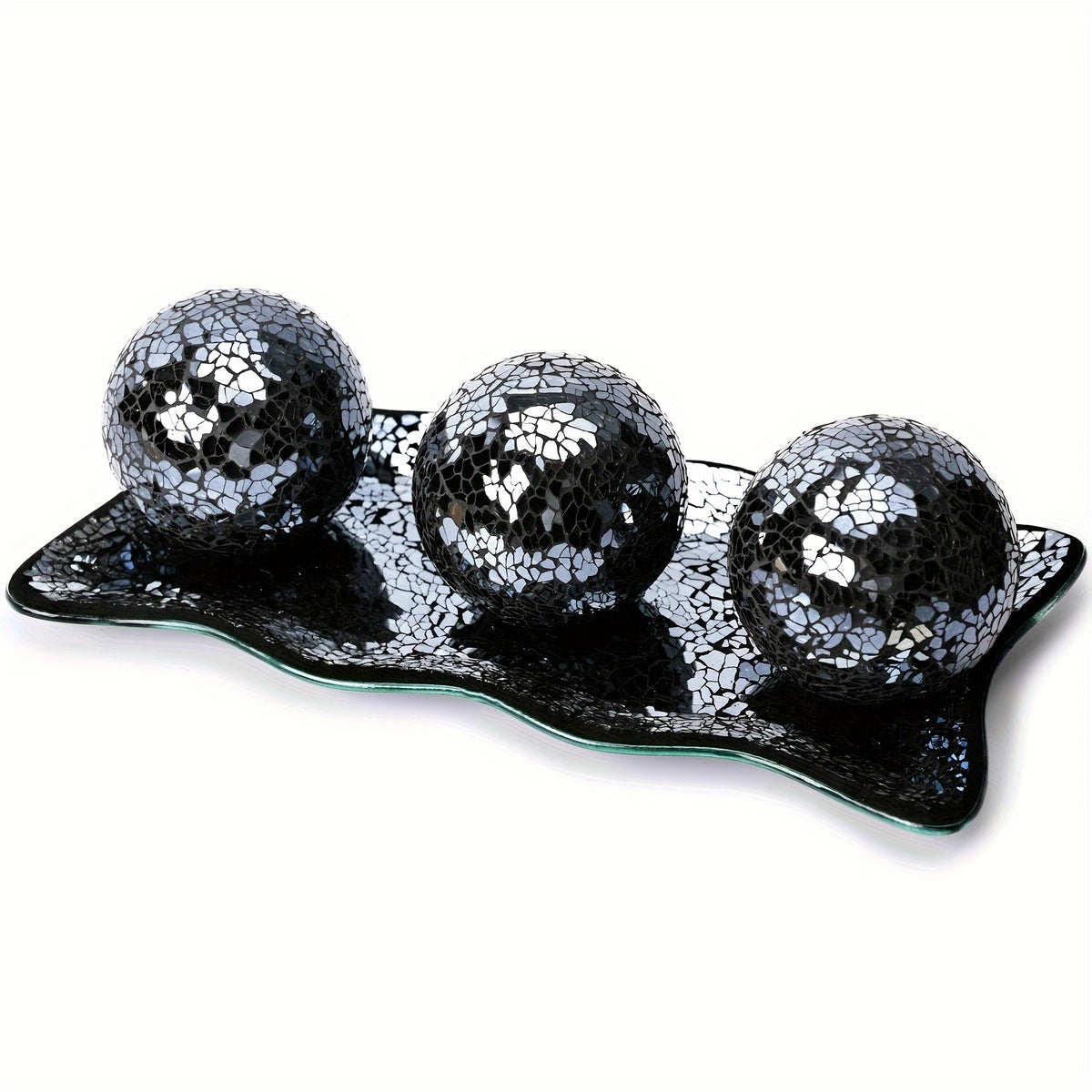 Decorative Balls for Bowls, 3 Decorative Glass Balls And 1 Glass Tray 3-Inch Centerpiece Table Decorations Bowl Fillers for Home Decor, Living Room, Dining, Coffee Table Decor (Silver/Turquoise/Black)
