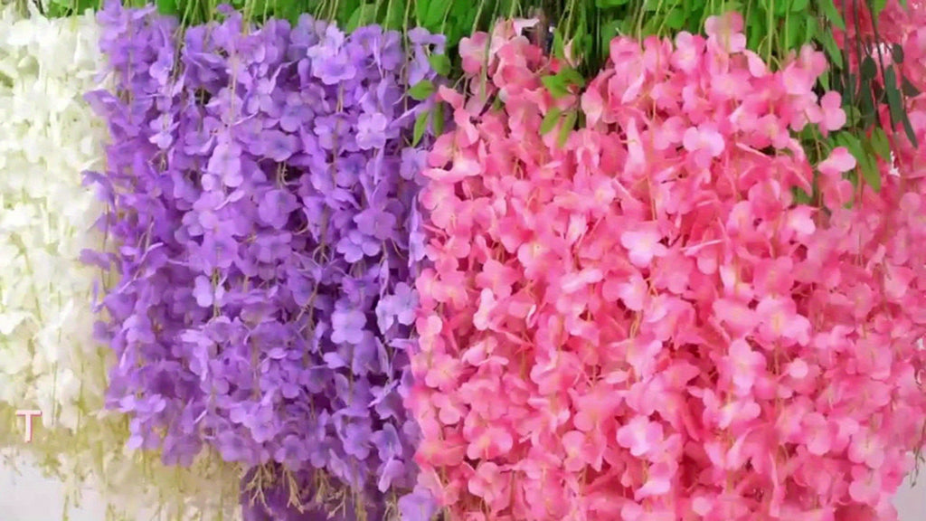24 Pack (Total 90 Feet) Artificial Fake Wisteria Vine Rattan Hanging Garland Flowers String Home Party Wedding Decor (24, Purple)