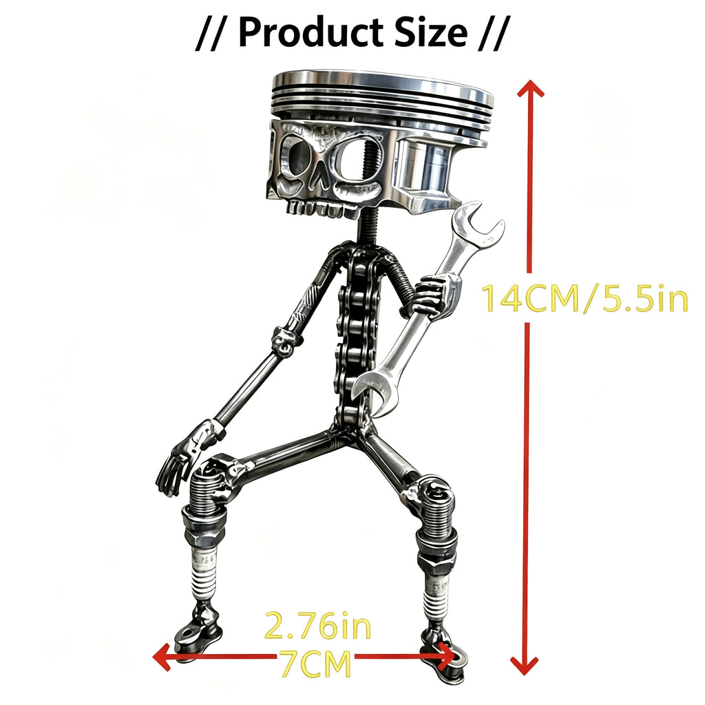 Oddities And Curiosities Piston Skull Sculpture - Art Sculpture Designed Specifically for Car Enthusiasts, Featuring a Gear Base And Handmade Wrench Design. Very Suitable As a Home Or Office Decoration